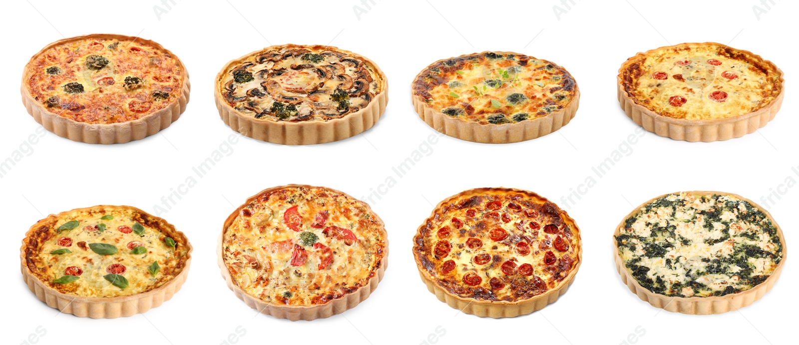 Image of Different tasty quiches isolated on white, set