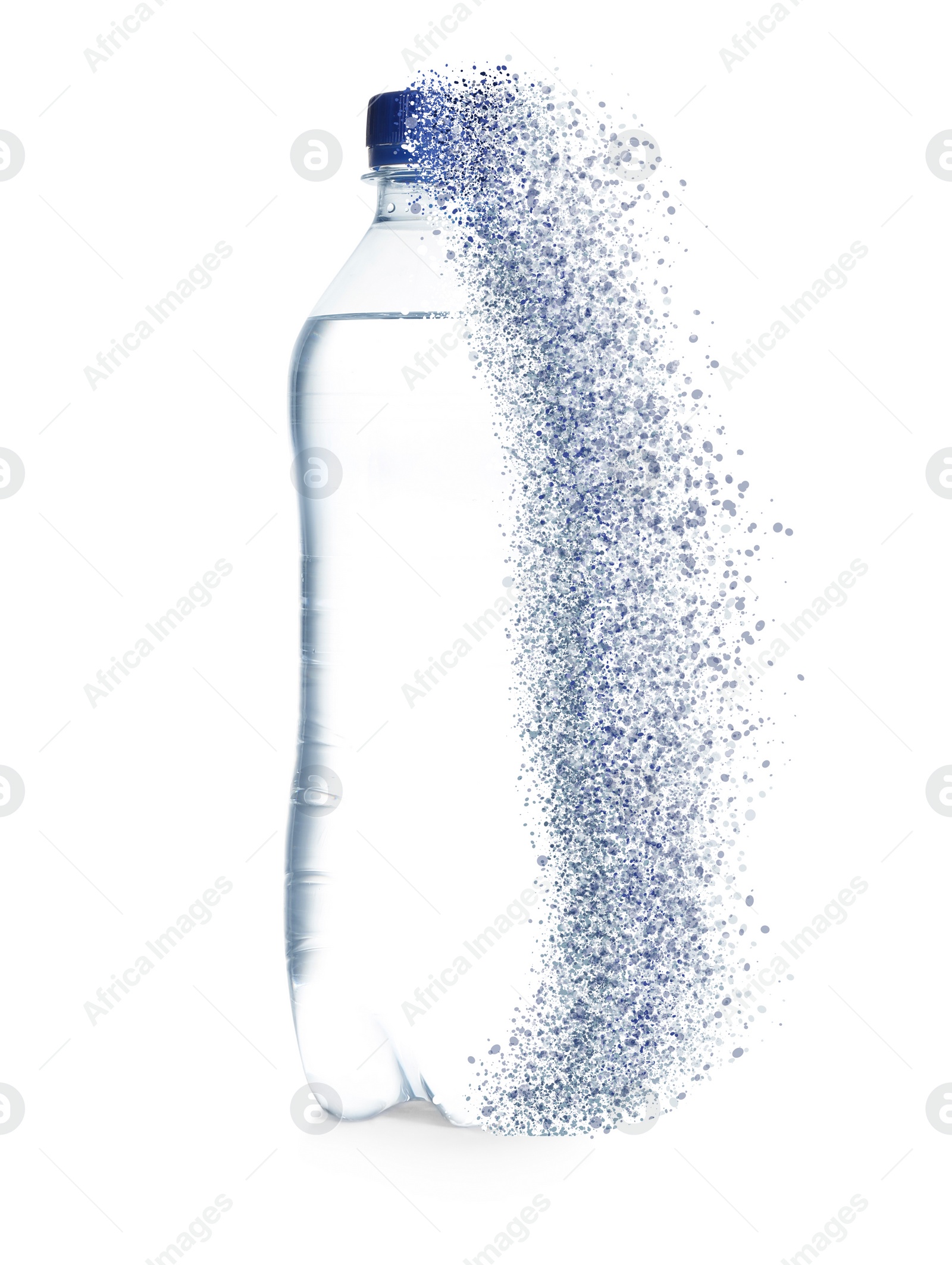 Image of Bottle of water vanishing on white background. Plastic decomposition