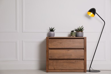 Beautiful plants on wooden chest of drawers and lamp near white wall. Interior design