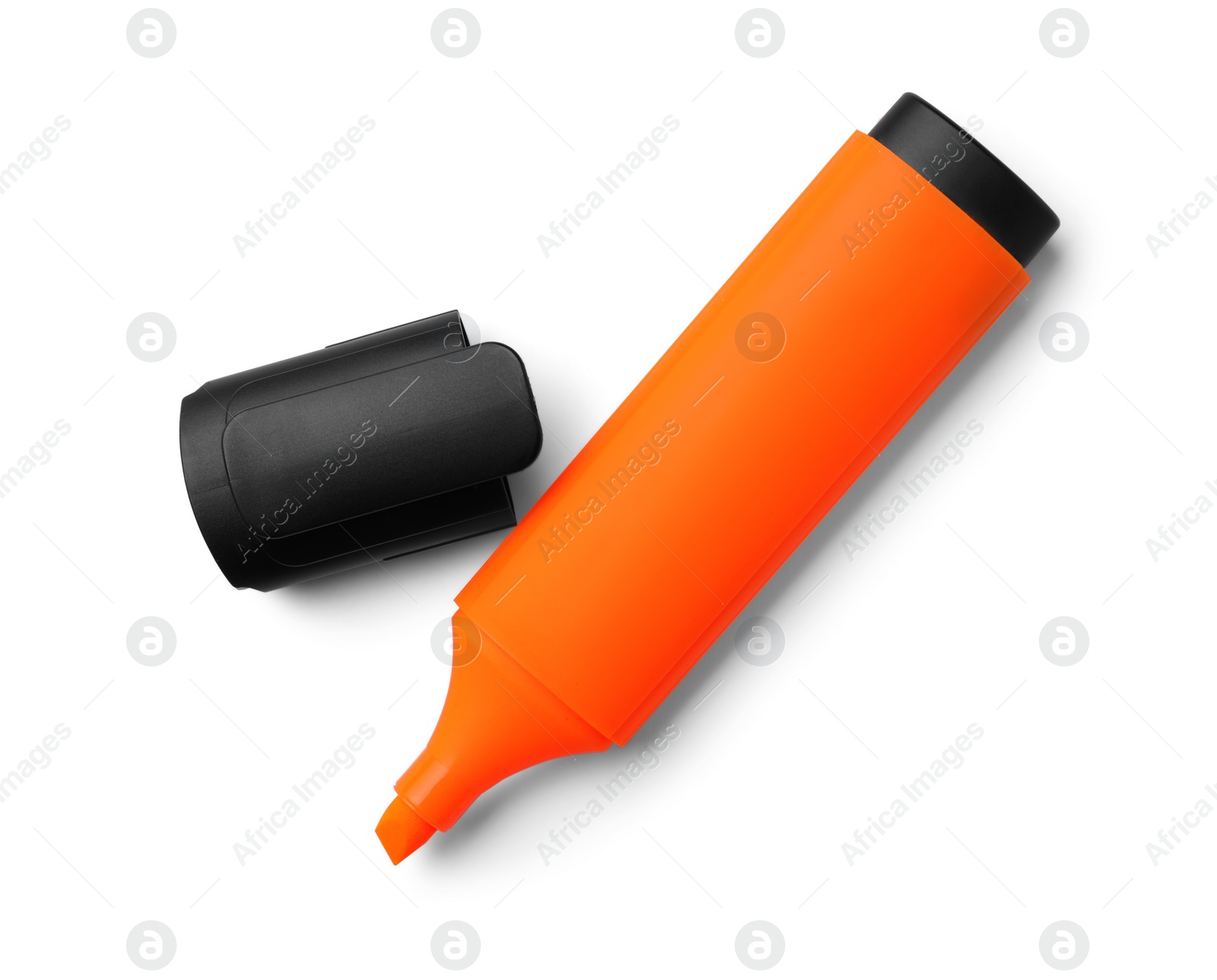 Photo of Bright orange marker isolated on white, top view