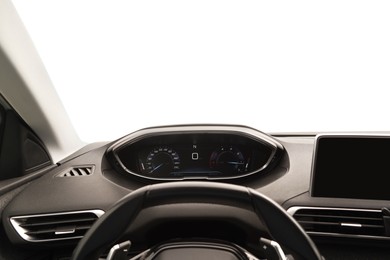 Speedometer, tachometer and steering wheel inside car