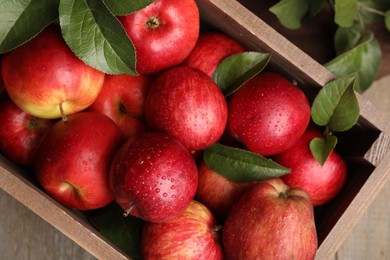 Photo of Crate with wet red apples and green leaves on table, top view