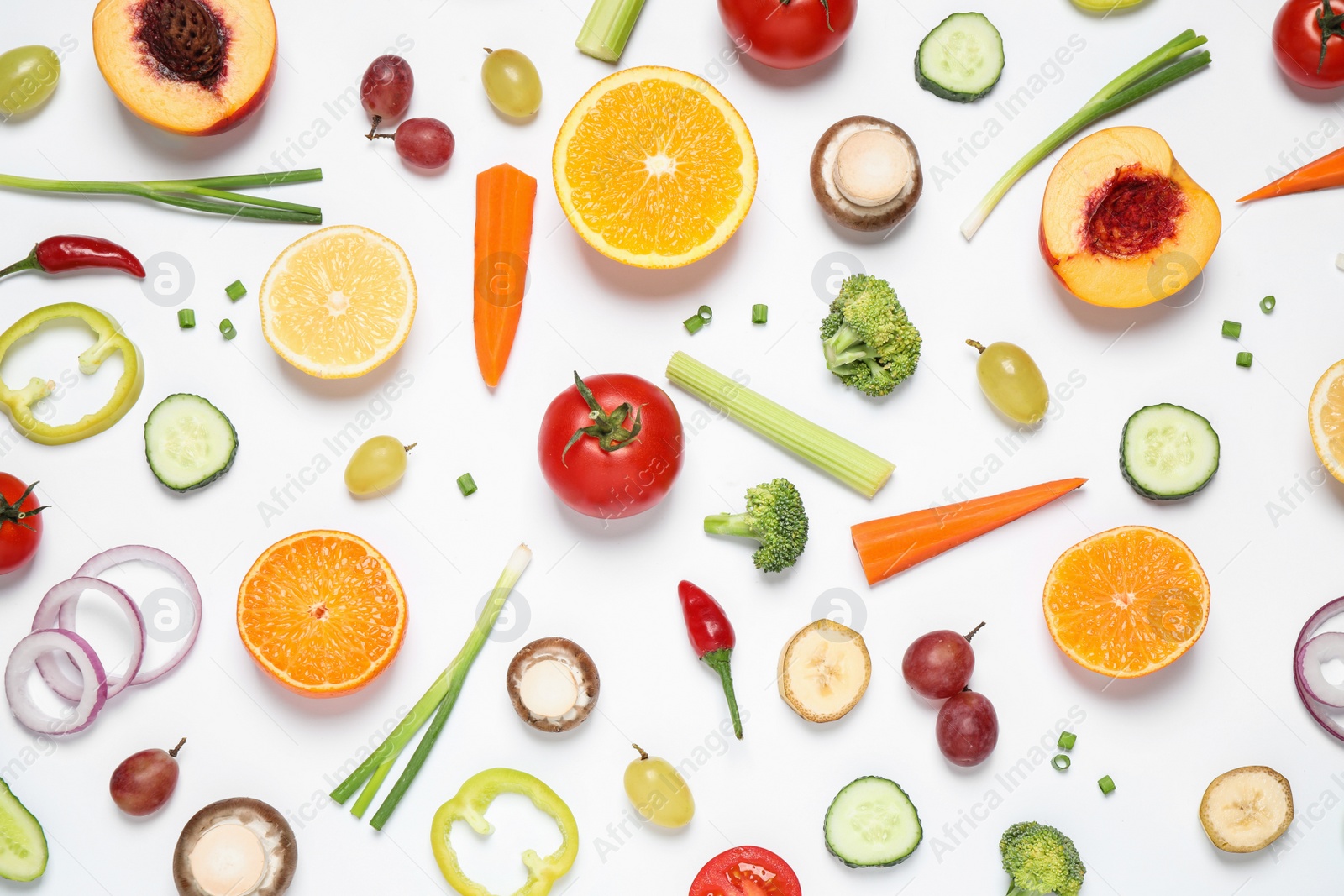 Photo of Fresh organic fruits and vegetables on white background, flat lay