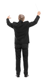 Professional conductor with baton on white background, back view