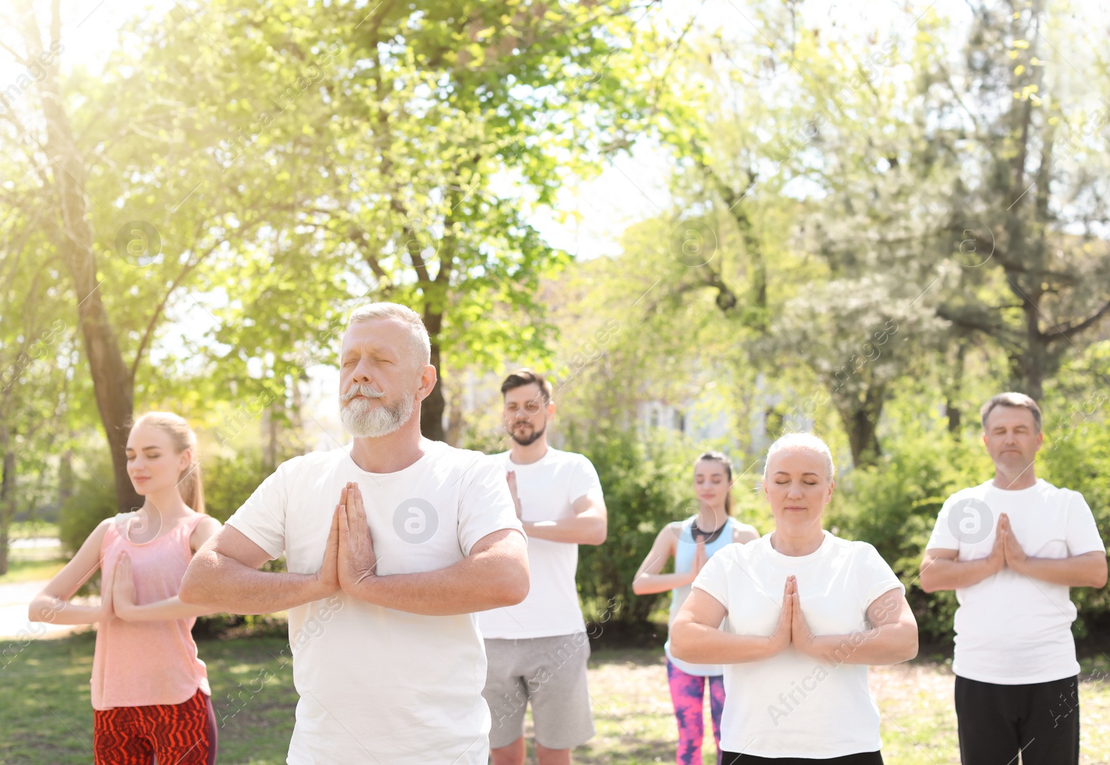 Photo of Group of people practicing yoga in park on sunny day