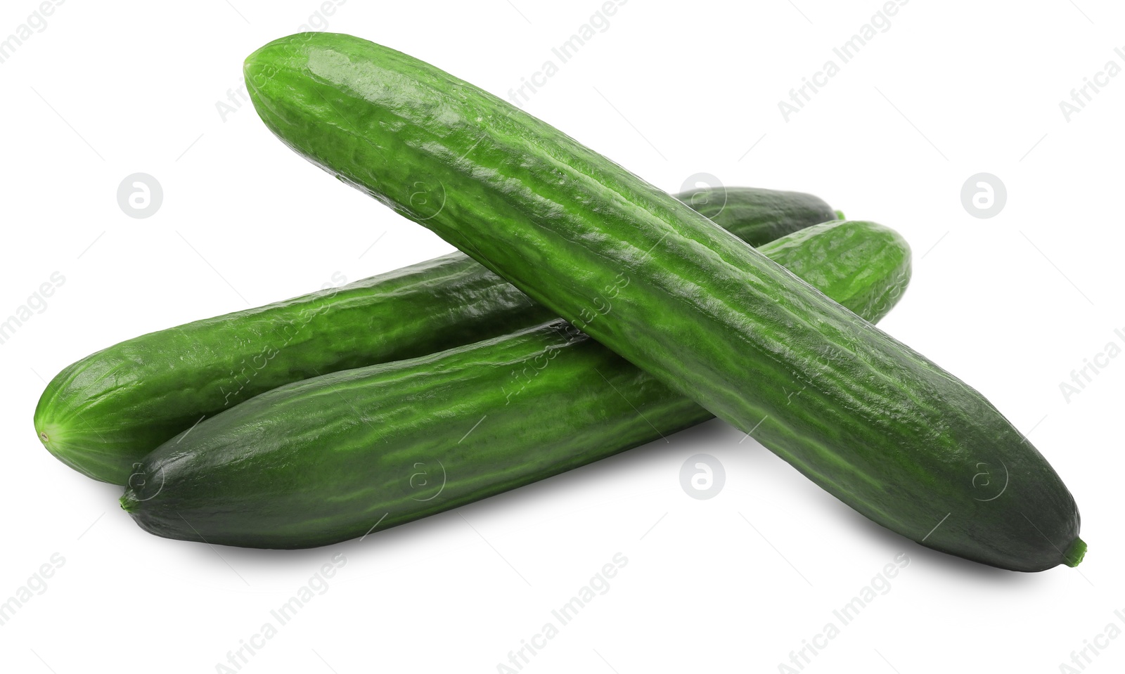 Photo of Many long fresh cucumbers isolated on white