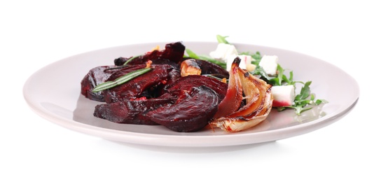 Photo of Roasted beetroot slices with feta cheese and arugula isolated on white