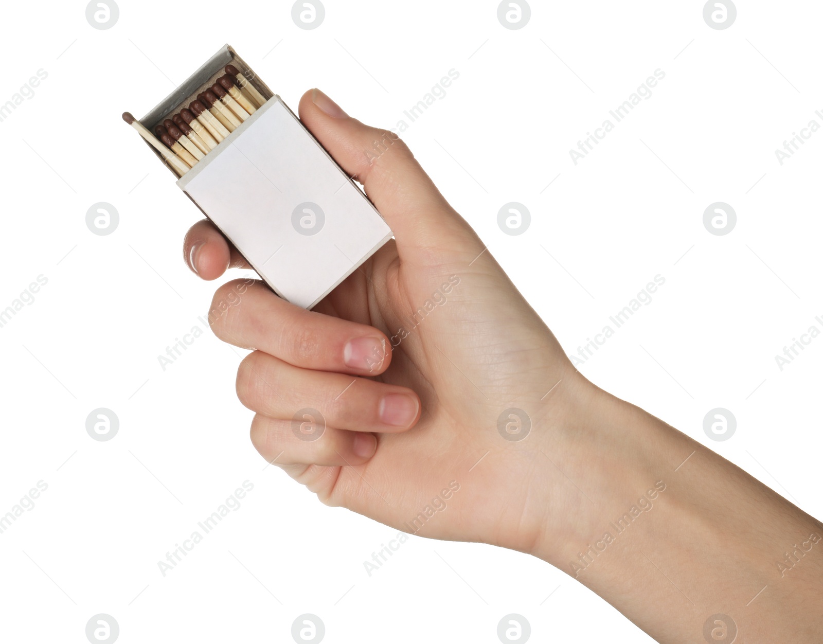 Photo of Woman holding box with matches on white background, closeup. Mockup for design