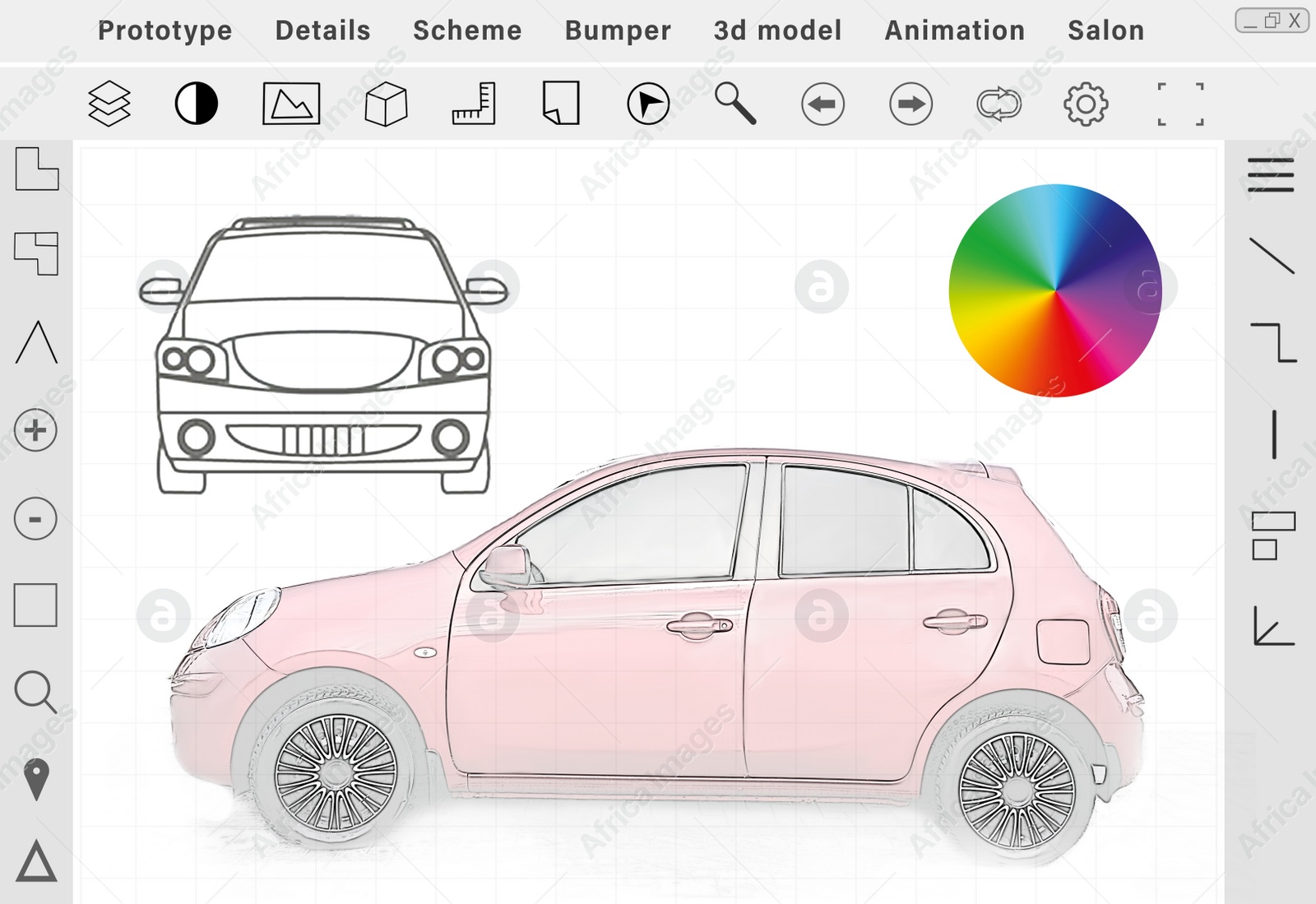 Image of Sketch of car on graphic tablet. Illustration