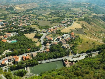 Photo of Aerial view of countryside on sunny day