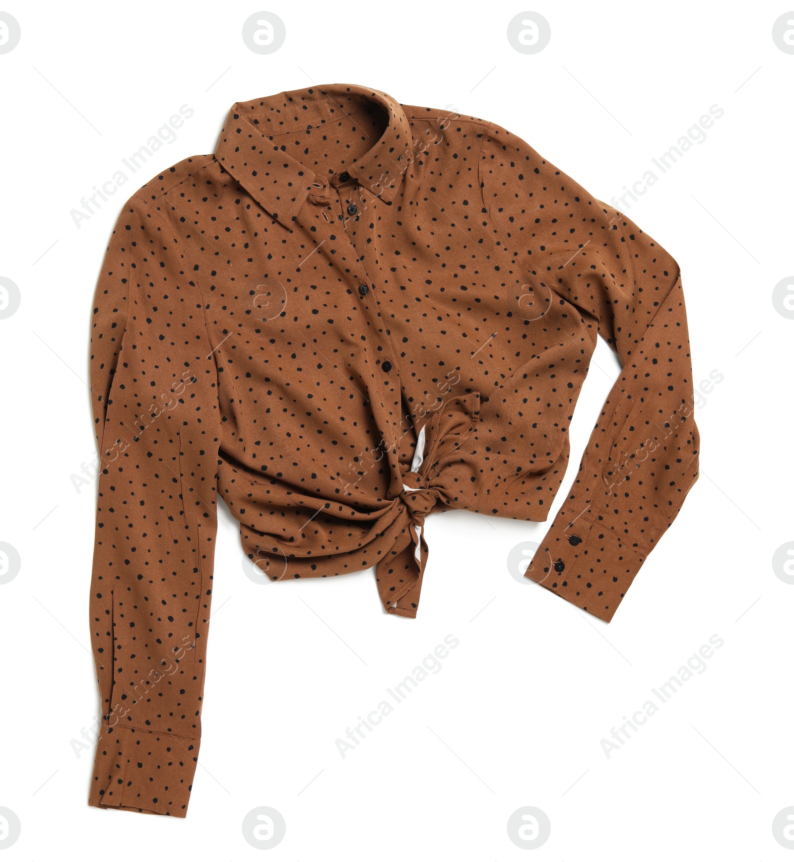 Photo of Beautiful brown blouse isolated on white, top view