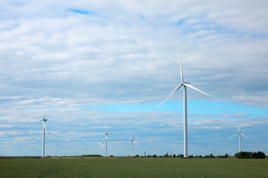 Photo of Beautiful viewfield with wind turbines. Alternative energy source