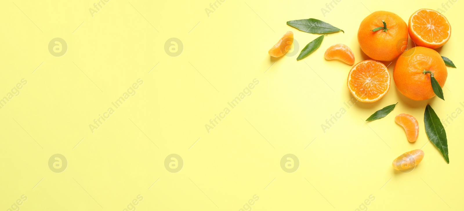 Image of Flat lay composition with fresh ripe tangerines and leaves on light yellow background, space for text. Banner design