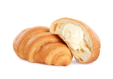 Photo of Delicious croissants with cream on white background