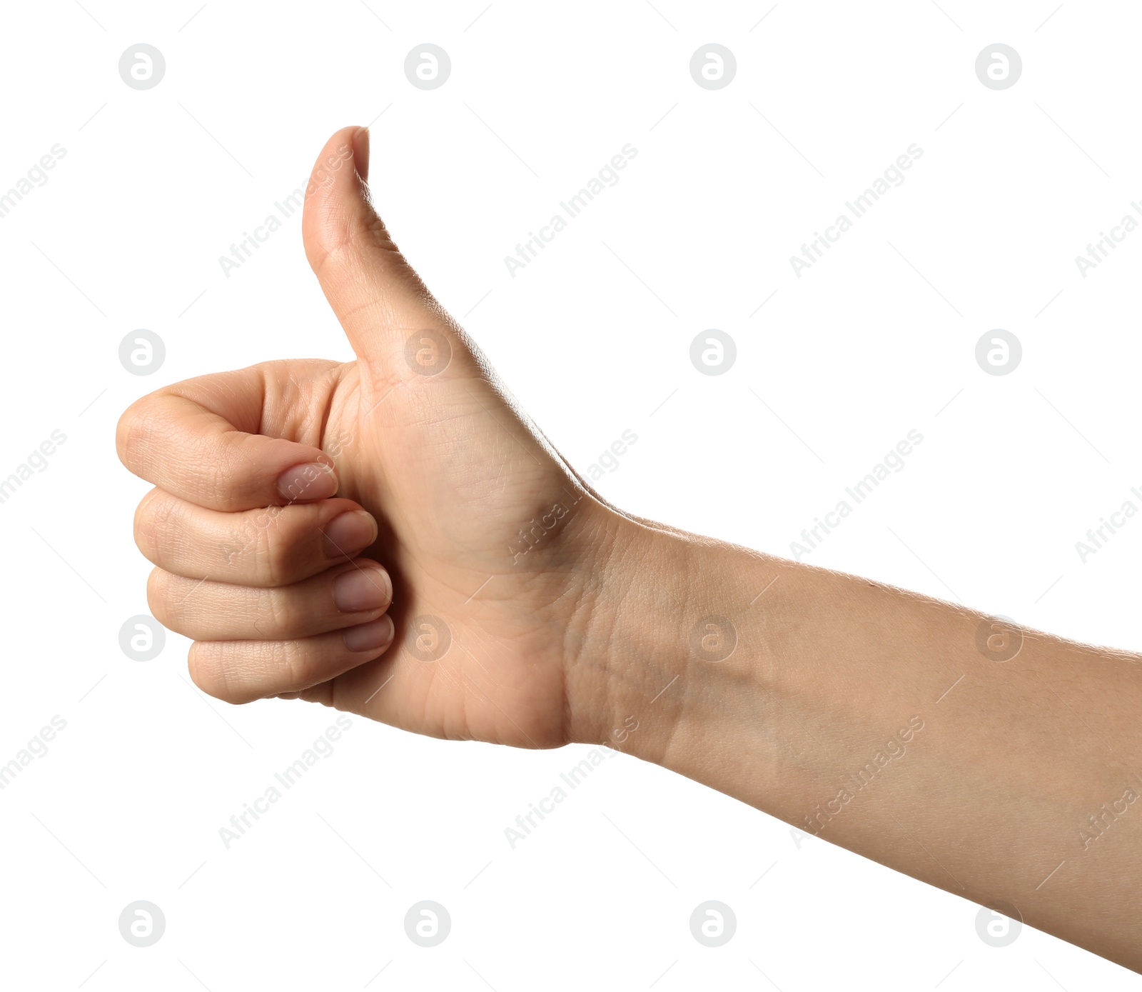 Photo of Woman showing thumb up gesture on white background, closeup