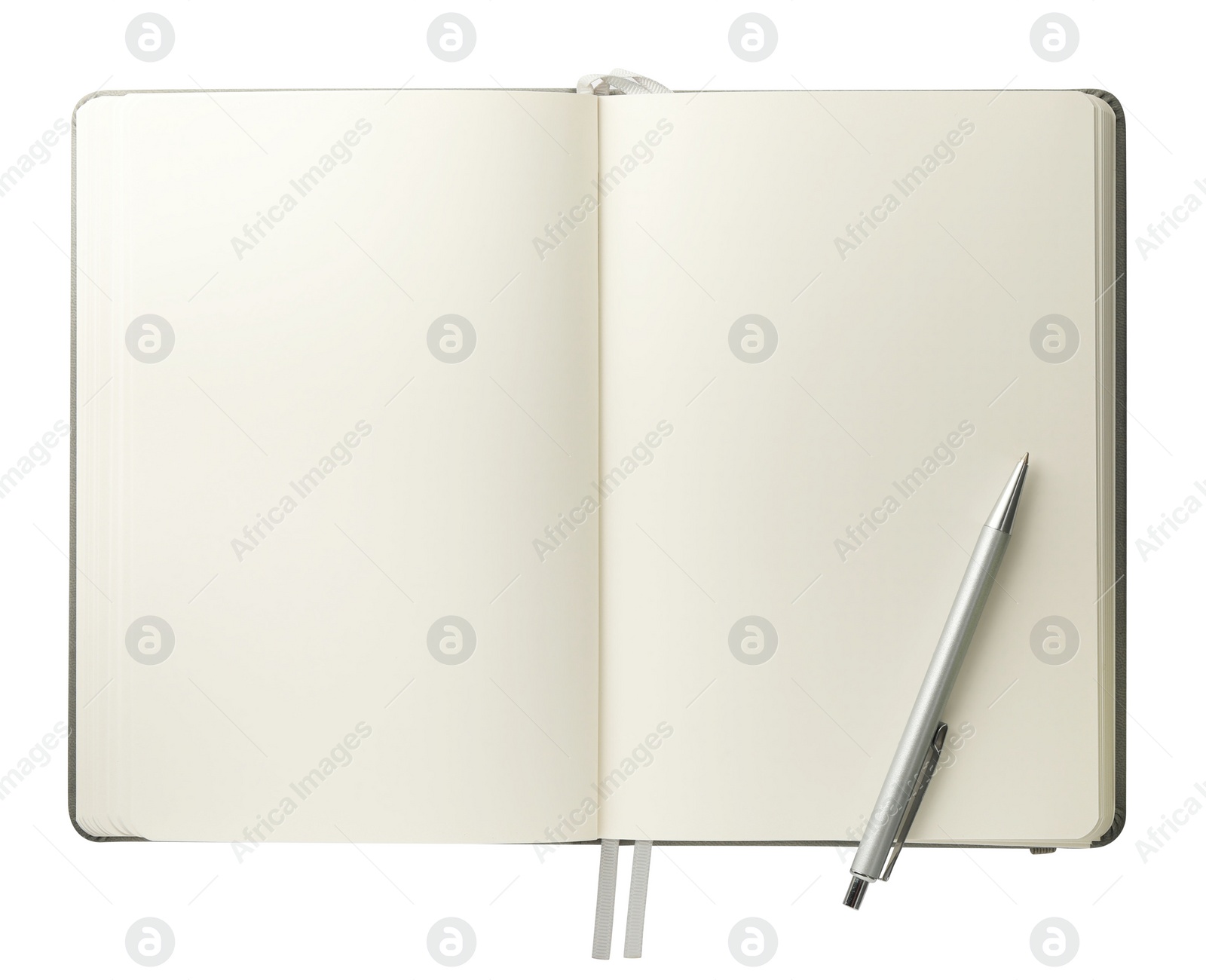 Photo of Open blank notebook with pen isolated on white, top view