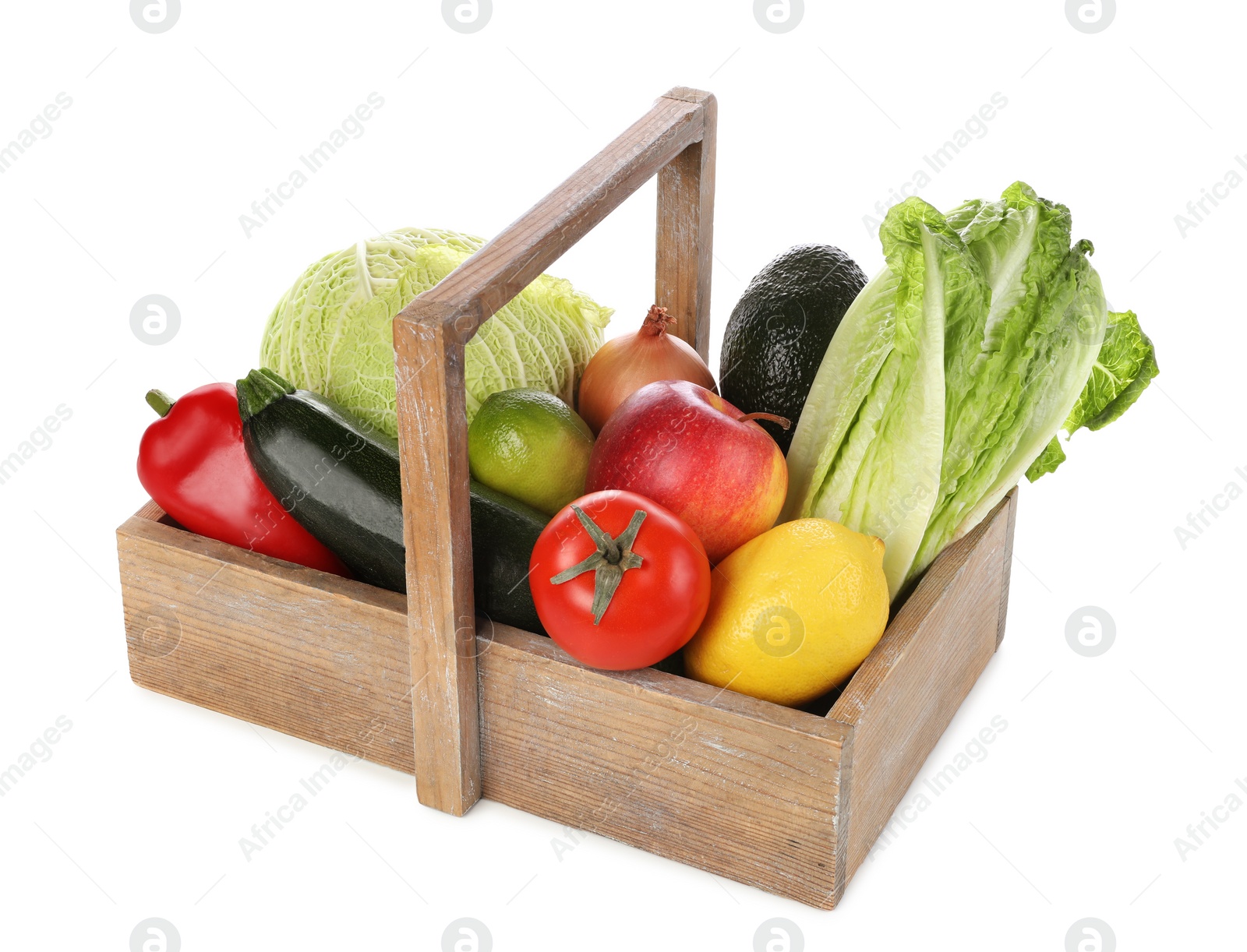 Photo of Fresh ripe vegetables and fruits in wooden crate with handle on white background