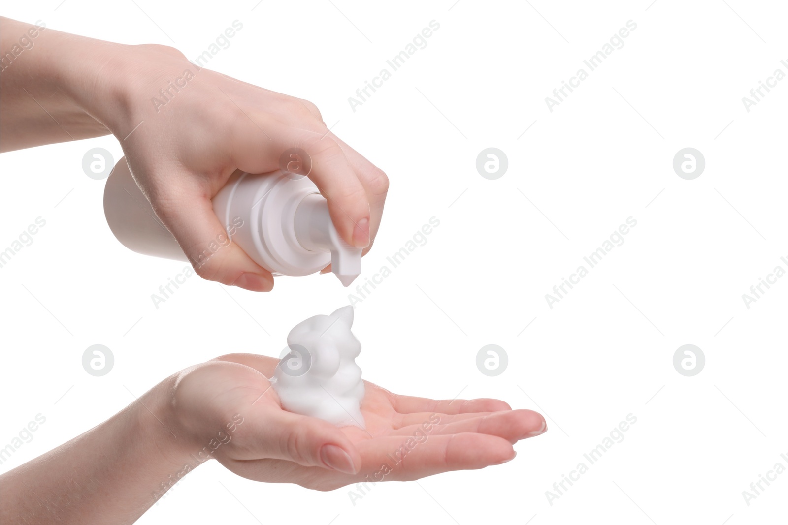 Photo of Woman applying cleansing foam onto hand on white background, closeup