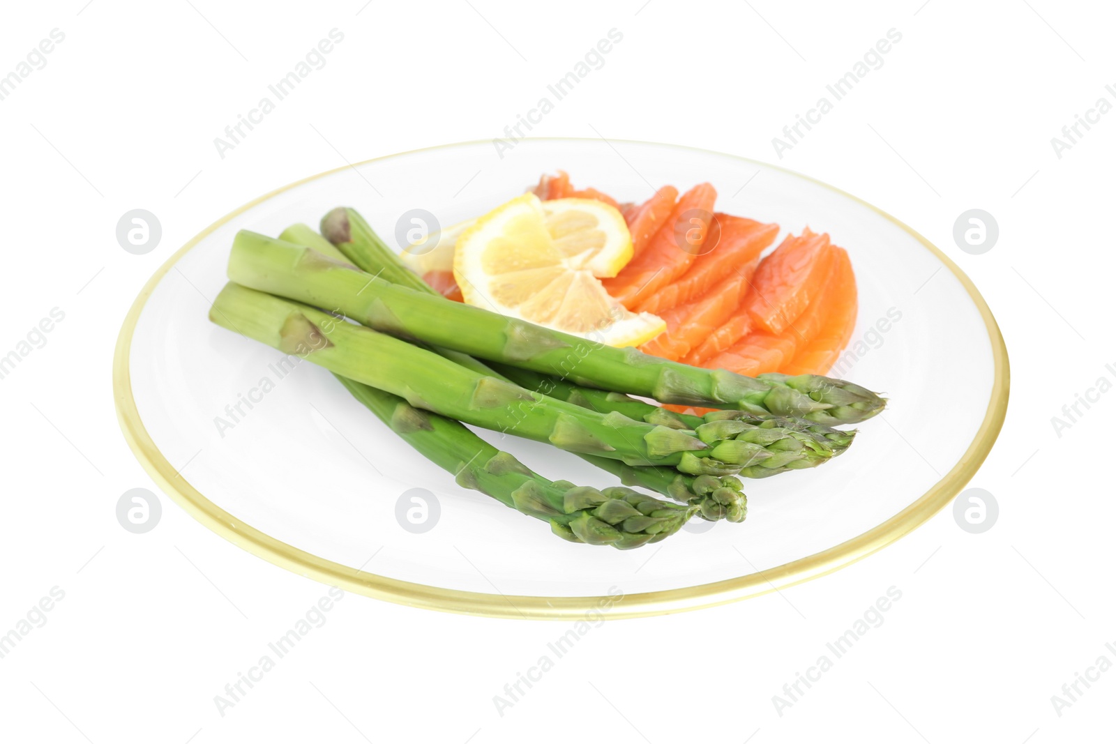 Photo of Tasty asparagus with salmon and lemon isolated on white