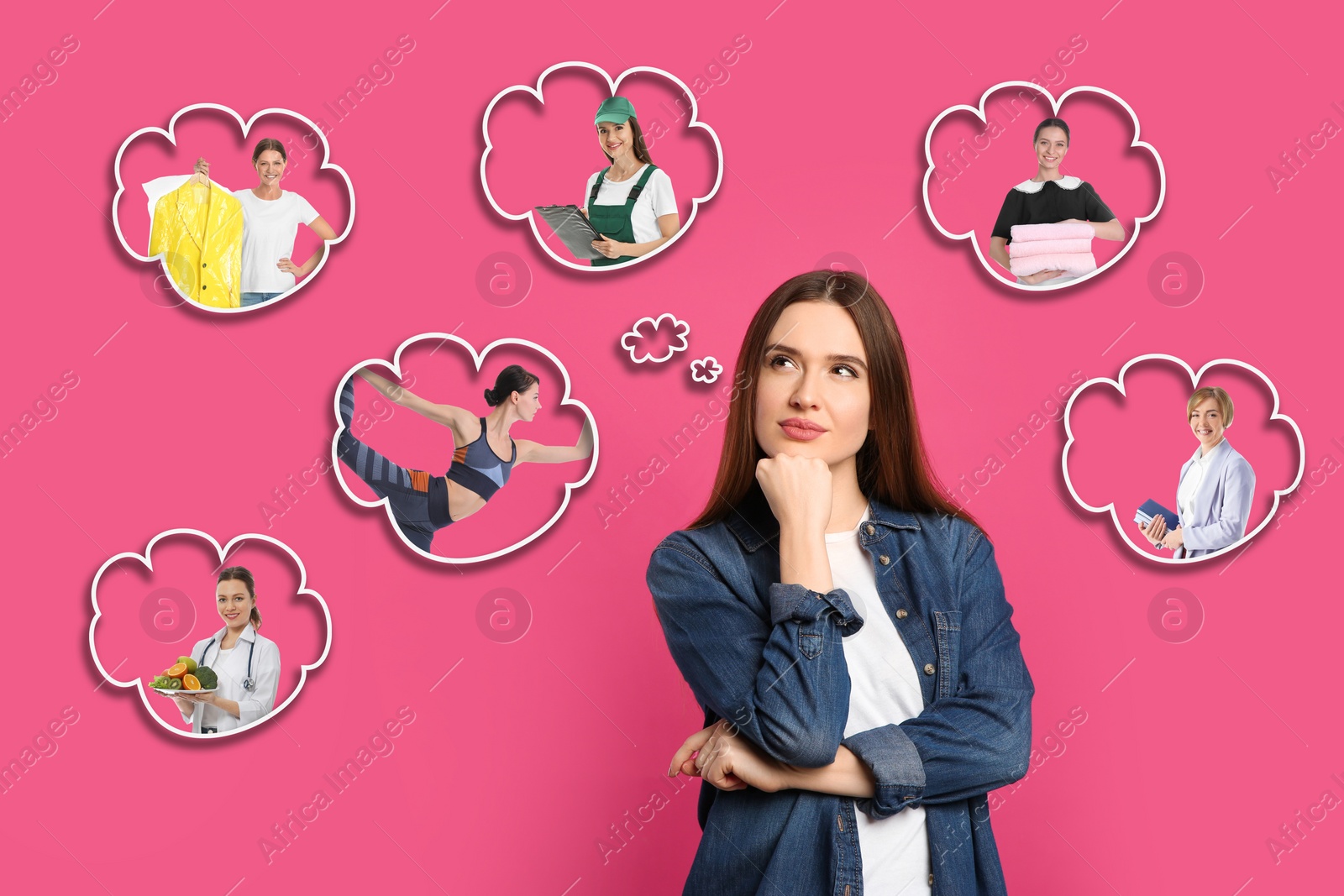 Image of Thoughtful woman choosing probable profession on pink background