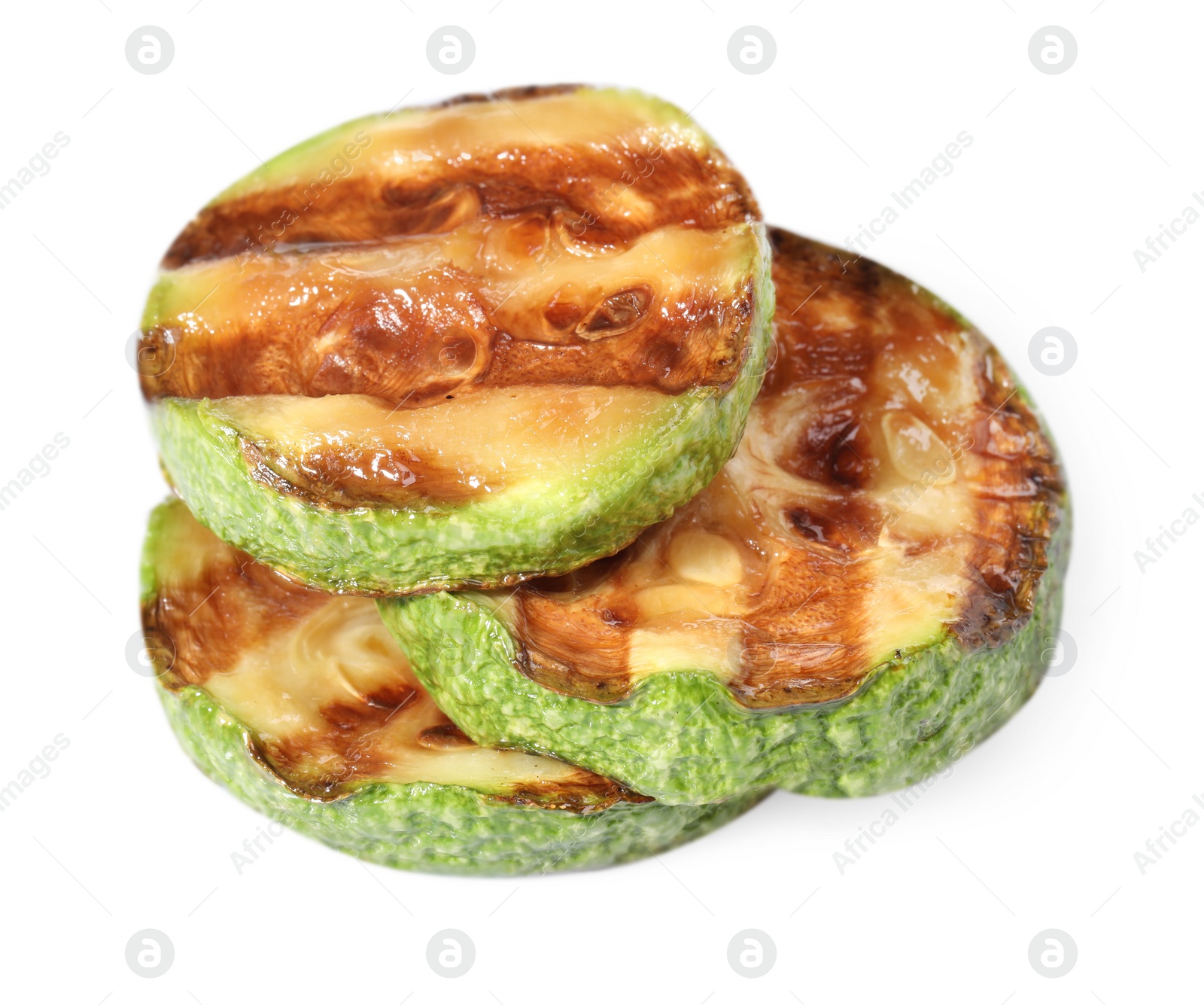 Photo of Slices of delicious grilled zucchini isolated on white