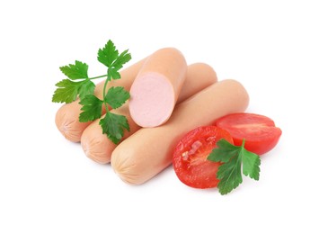 Photo of Delicious boiled sausages, tomatoes and parsley on white background