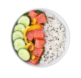 Photo of Delicious poke bowl with salmon, rice and vegetables isolated on white, top view