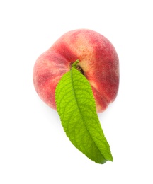 Photo of Fresh donut peach with leaf isolated on white, top view