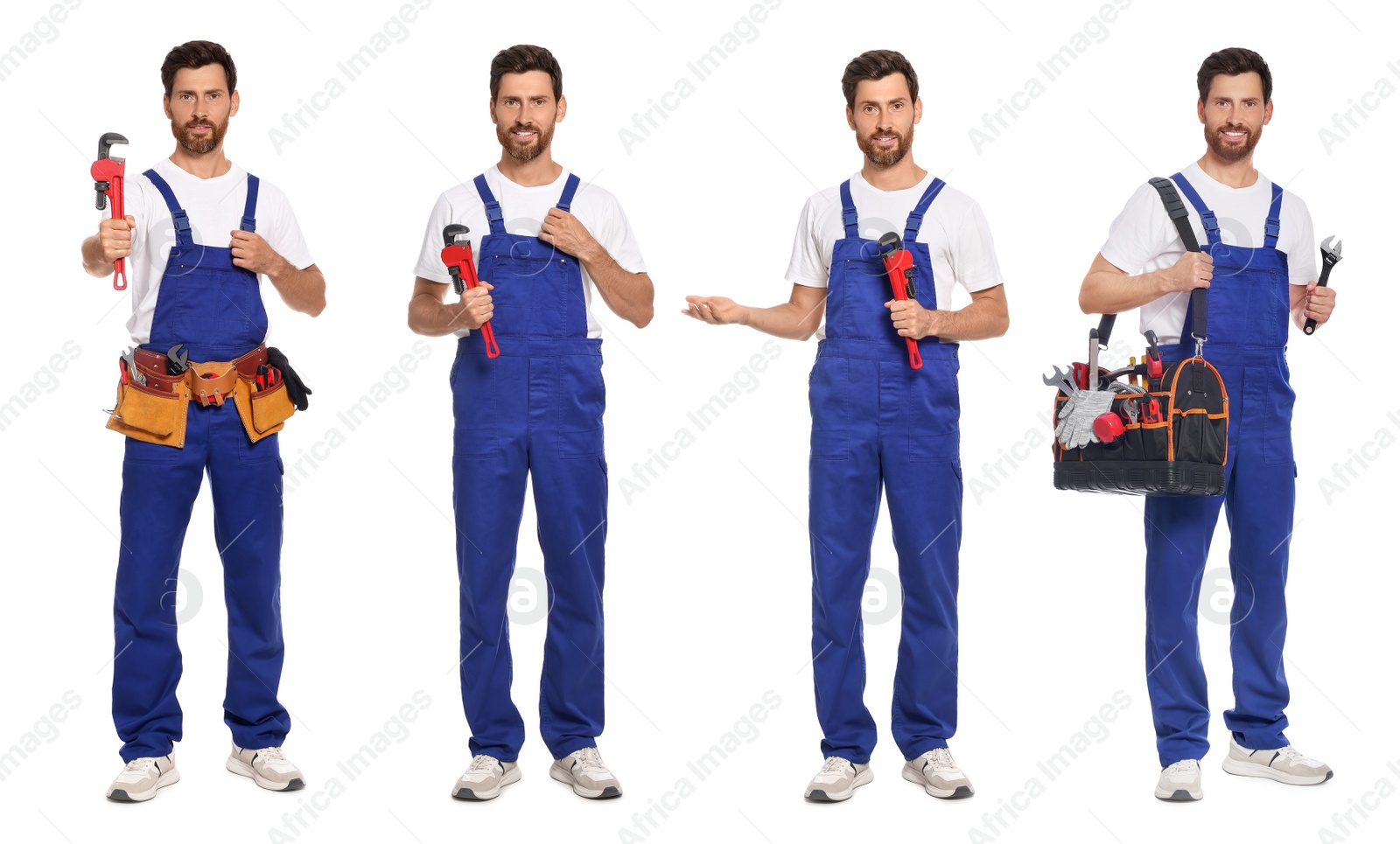 Image of Collage with photos of professional plumber on white background