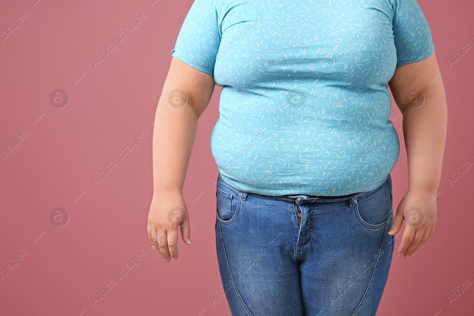 Photo of Overweight woman on color background