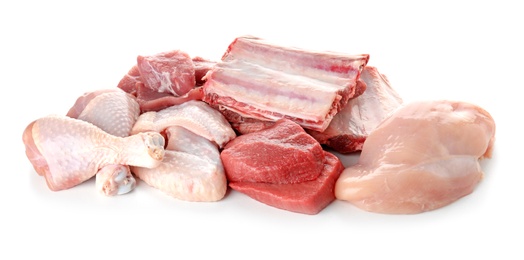 Photo of Various fresh raw meats on white background