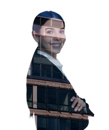 Double exposure of businesswoman and office building on white background
