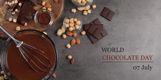 Image of World Chocolate Day - July 7. Making tasty chocolate cream or spread. Ingredients on grey table, flat lay. Banner design