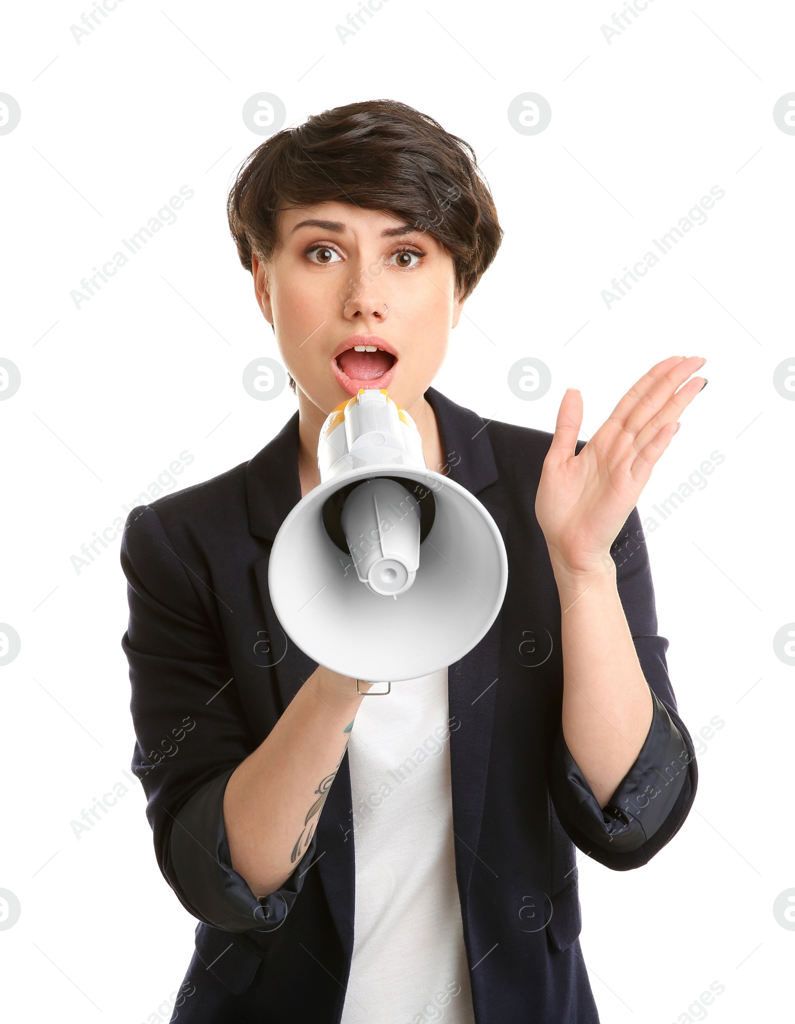 Photo of Young woman with megaphone on white background