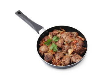 Photo of Pan with tasty fried chicken liver, onion and parsley isolated on white