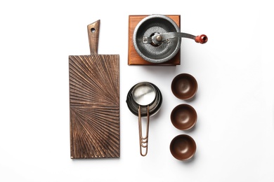 Set of modern cooking utensils on white background, top view