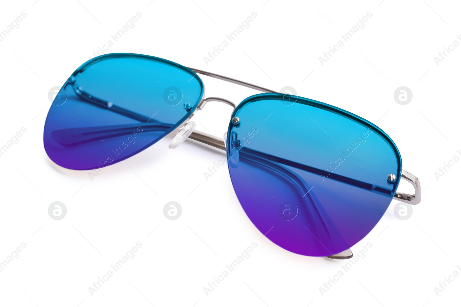 Image of New stylish aviator sunglasses with color lenses on white background
