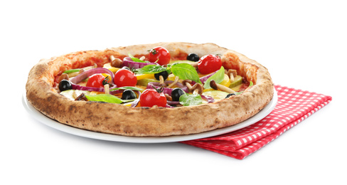 Delicious hot vegetable pizza on white background