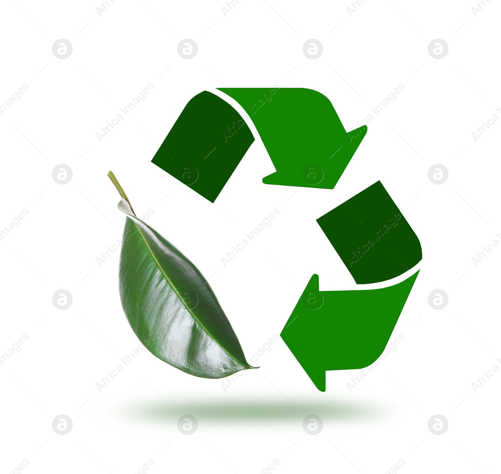 Image of Recycling symbol made of arrows and green leaf on white background