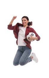 Emotional sports fan with soccer ball jumping on white background