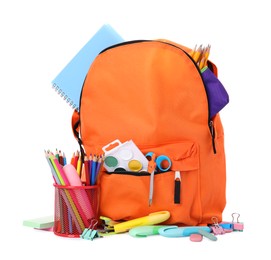 Photo of Stylish backpack with school stationery on white background