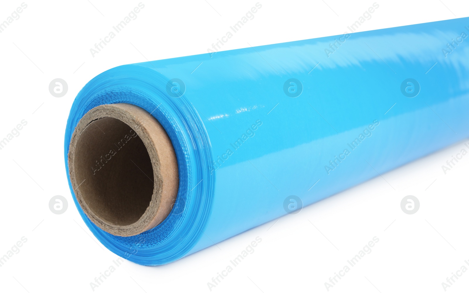 Photo of Roll of light blue stretch wrap isolated on white, closeup