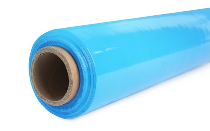 Photo of Roll of light blue stretch wrap isolated on white, closeup