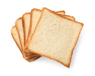 Photo of Pieces of fresh toast bread isolated on white, top view