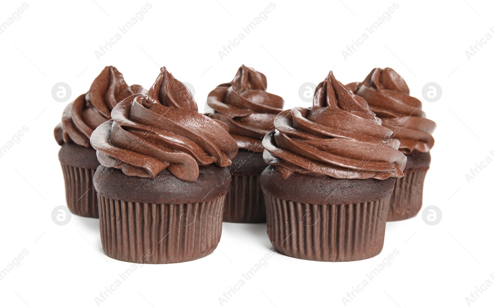 Photo of Delicious chocolate cupcakes with cream on white background