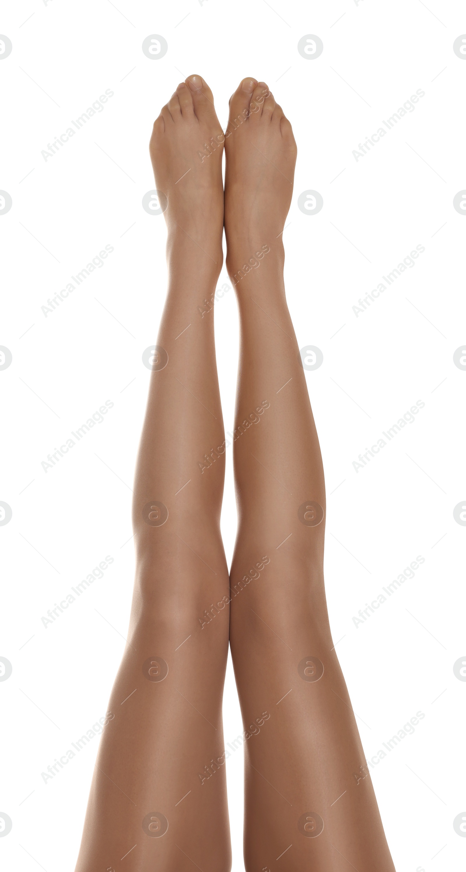 Photo of Woman with beautiful long legs wearing tights on white background, closeup