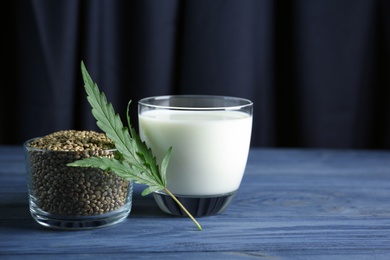 Composition with hemp milk and seeds on table