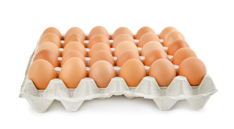 Photo of Raw chicken eggs in carton tray isolated on white