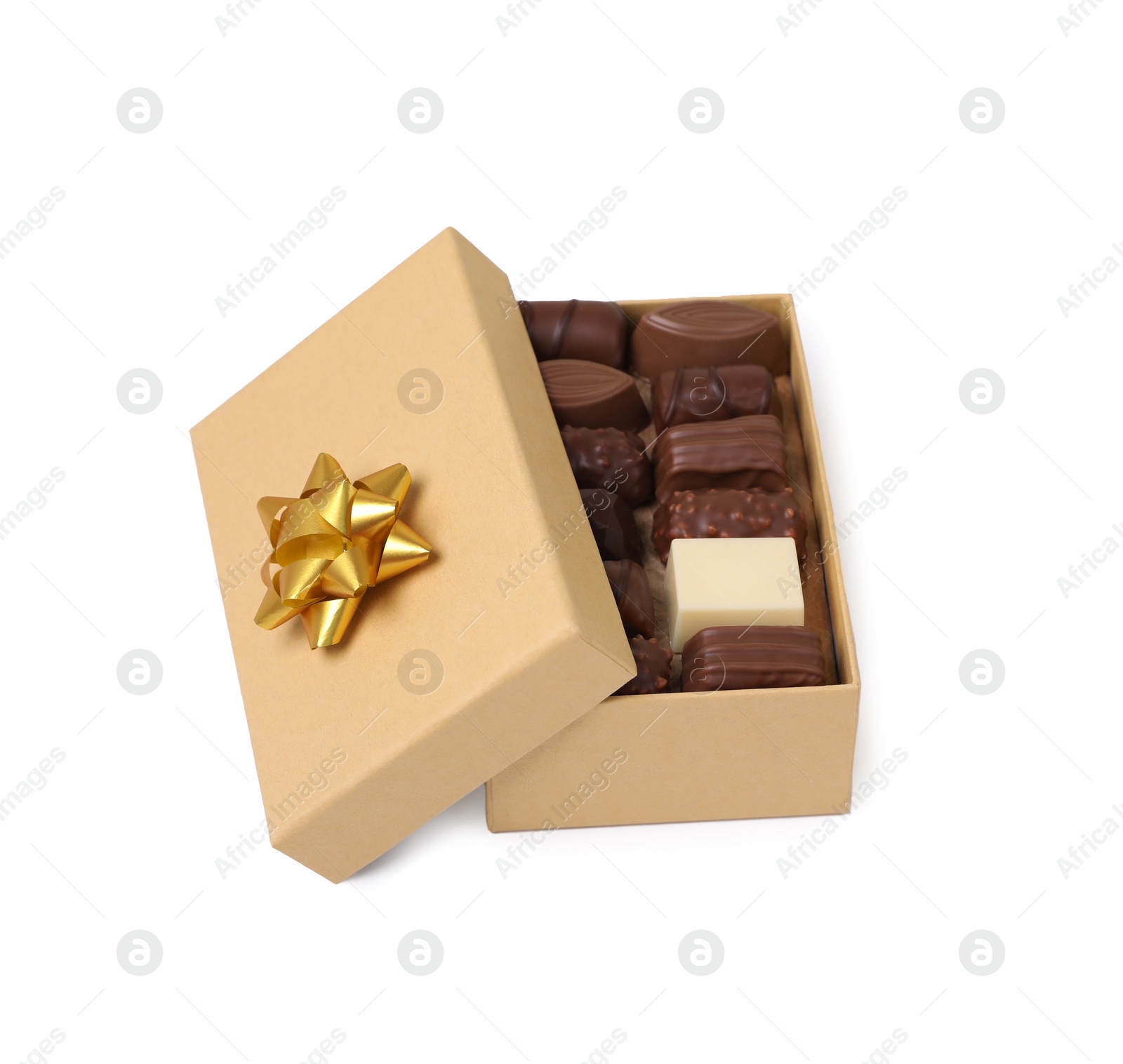 Box with tasty chocolate candies isolated on white Photo of Box with tasty chocolate candies isolated on white