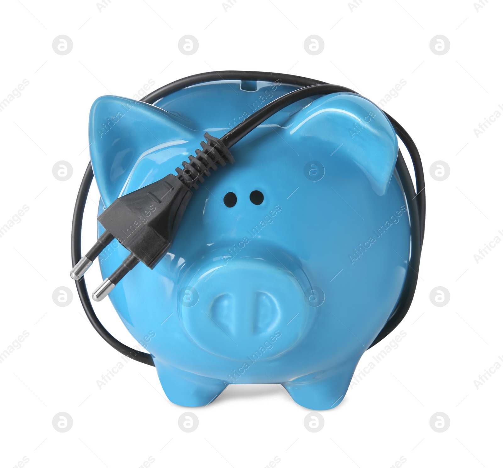 Photo of Piggy bank with power plug on white background. Energy saving concept